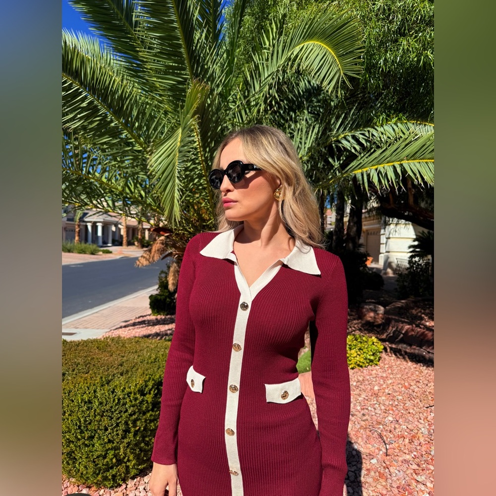 226 ‘Alex’ Elegant Burgundy and White Women's Dress - Picture 3 of 12